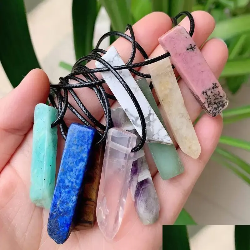 Pendant Necklaces Natural Stone Necklace Leather Cord Choker Obsidian Amethysts Quartzs Crystal Healing Reiki Meditation Jew Dhgarden Dhi1Q