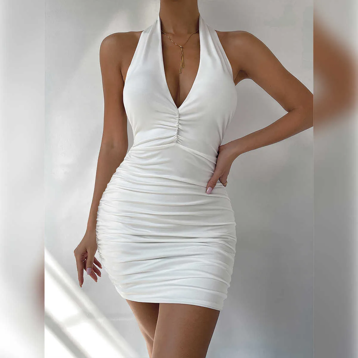 2023 Summer Womens White Halter Casual Halter Neck Dress With