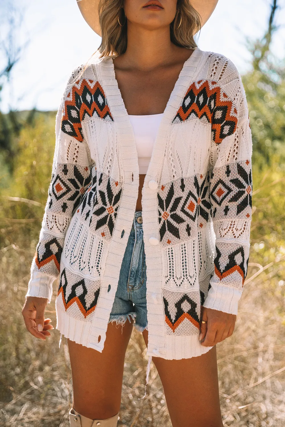 Cardigan long en maille évidée à motif tribal blanc