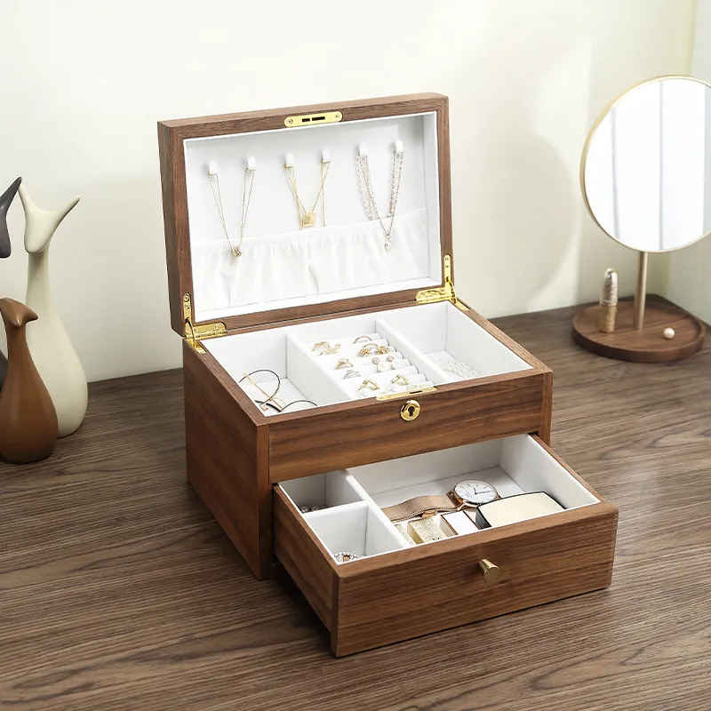 Jewelry Boxes Double Layer Large Wooden Jewelry Box Organizer Women Men Jewelry Display Drawer Case Earrings Ring Necklace Jewellery Storage 230515