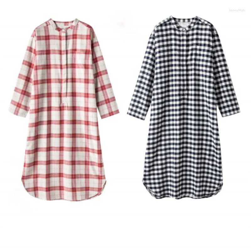 Kvinnors sömnkläder 2023 Spring Female Casual Plaid Nightgown Ladies Top-End Cotton Sleep Dress Women Lång ärm Turn-up Collar Sleepshirts