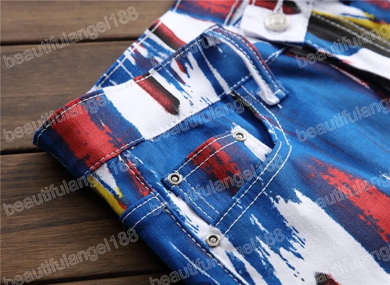 Tie Dye Print White Skinny Jeans Men Spring Autumn Casual Mid