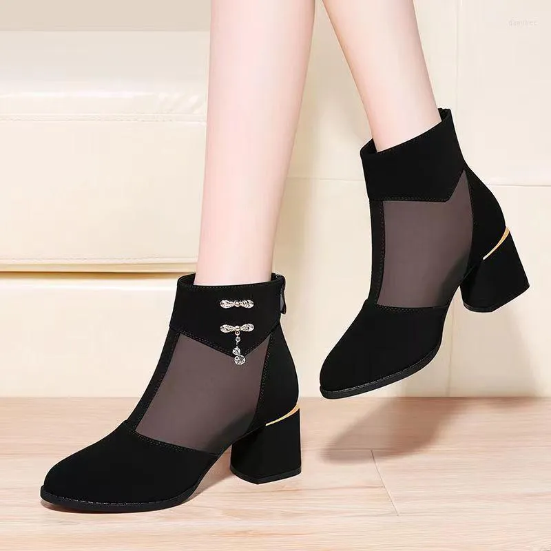 Boots Cool Women Ankle Boot 2023 Hollow Sandals Fashion High Heels Kvinna Utmärkta damskor Mesh Kvinnliga sko Botiner Mujer