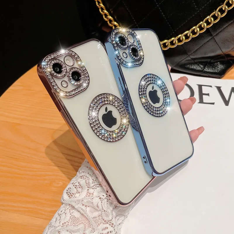 Luxury Plating Glitter Diamond Clear Cases With Camera Lens Protector Electroplated Charm Logo Hole Hollow Out Transparent Cover For iPhone 14 13 12 11 Pro Max