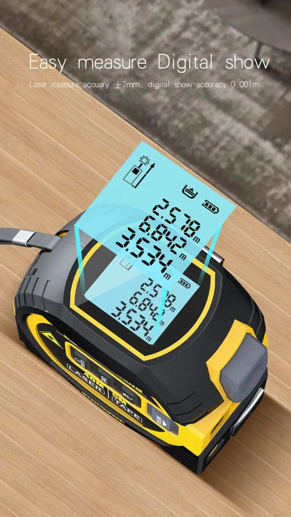 Measurement Range Graphics 3-in-1 Digital Laser rangefinder tape measure Measure...