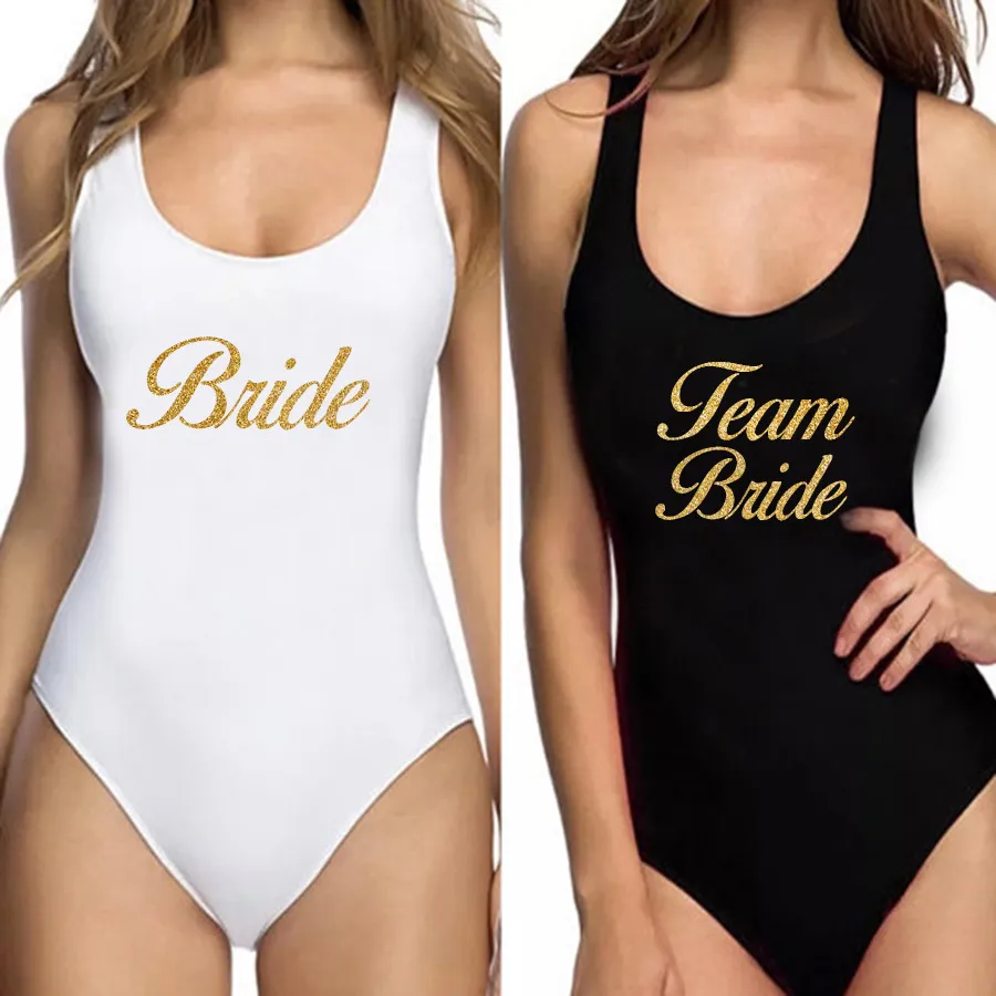 Women's Swimwear Swimwear Women Swimsuit Team Bride Glitter Gold Print Bathing Suit Monokini Bodysuit Bachelor Party 230512