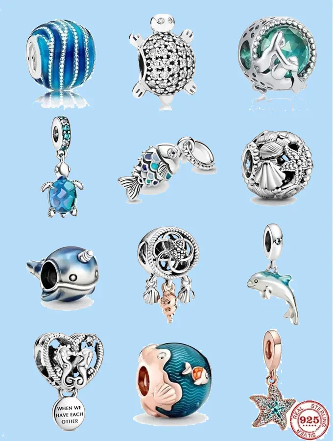 925 sterling silver charms for jewelry making for pandora beads Blue Ocean Bead Sparkling Turtle Pendant Love charms