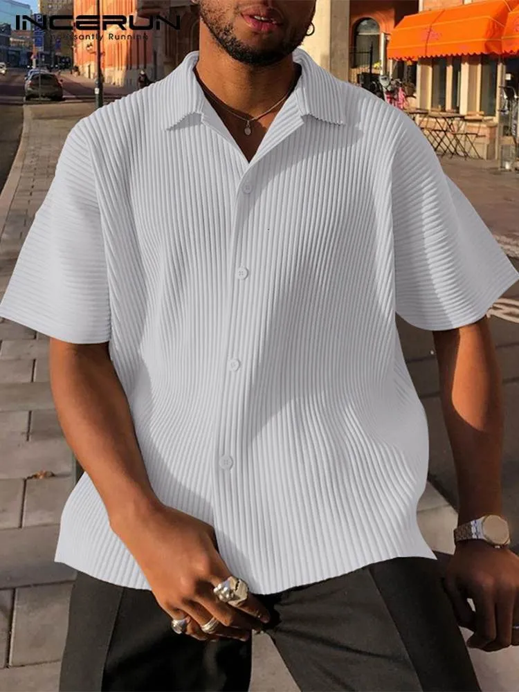 Freizeithemden für Herren Mode Männer Einfarbiges Hemd Revers Kurzarm Streetwear Falten Lässige Männer Kleidung Knopf Lose Camisas S-5XL INCERUN 230516