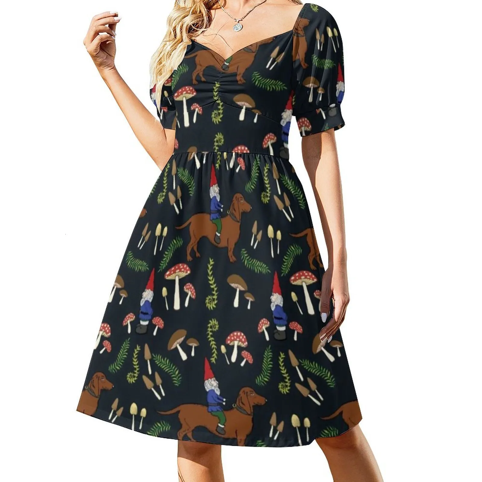 Günlük elbiseler sevimli köpek Dachshund seksi v boyun mantar orman baskı festivali kadın estetik desen büyük boy hediye 230517