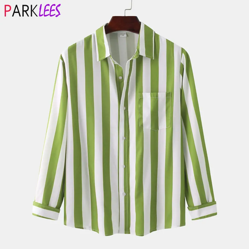 Camisas casuales para hombres Camisa de rayas verticales verdes casuales Camisas de manga larga de ajuste regular para hombres Camisa con botones elásticos para hombres 2XL 230516