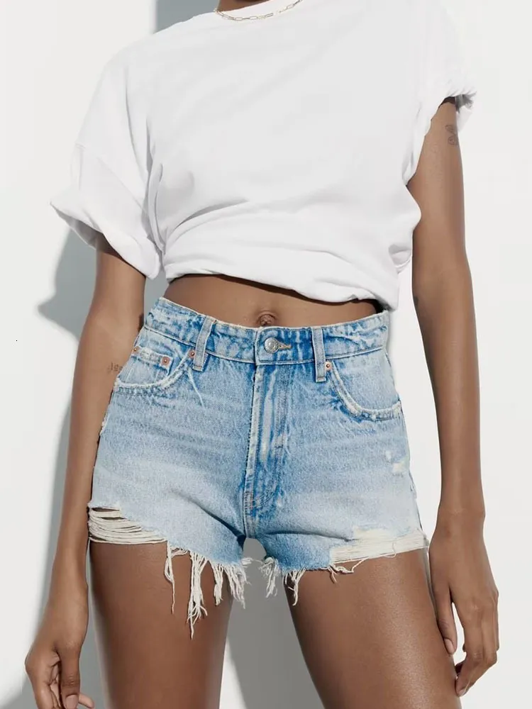 Shorts femininos traf moda feminina angustiado denim shorts verão feminino cintura alta zíper fly jeans shorts causais bolsos bottoms 230516