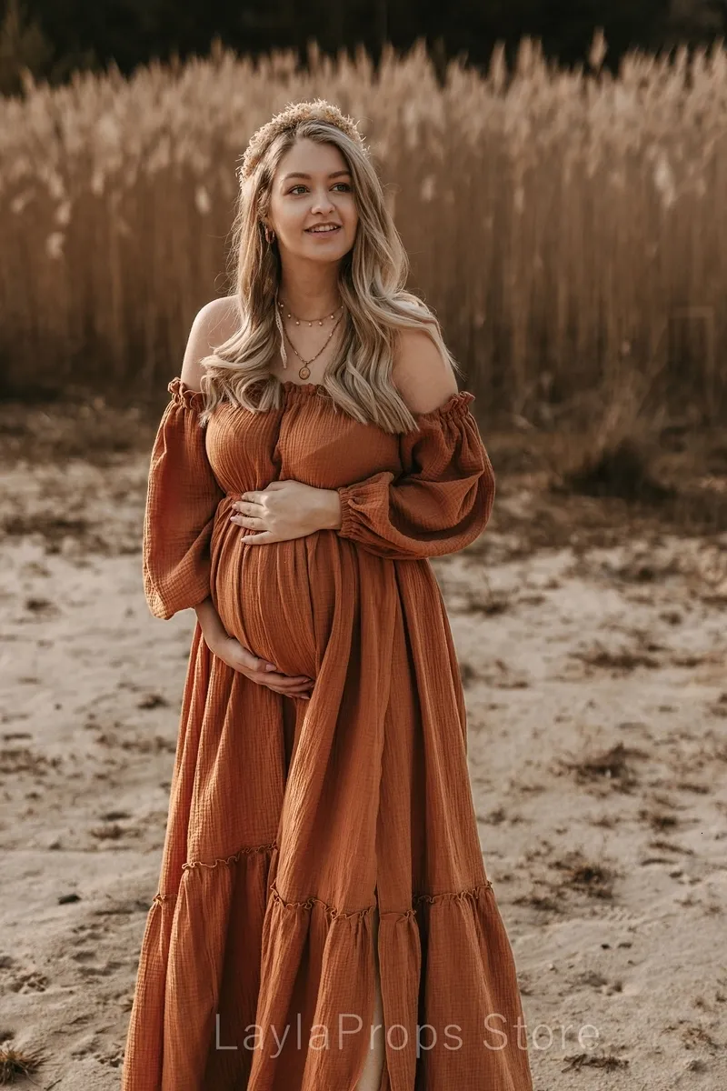Boho Off-Shoulder Boho Photoshoot Dress for Women - Vintage Maxi Gown for Pregnancy, Baby Shower, and Session - One Size Fotoshoot (230516)