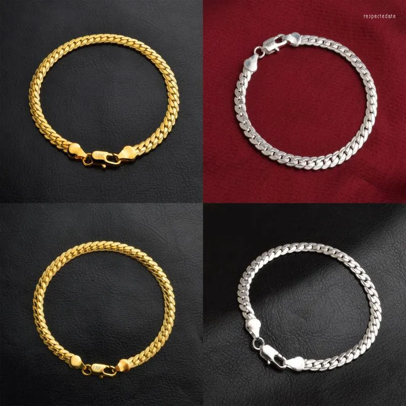 Bangle 5MM Gold Hand Chain Mens Bracelet Anniversary Day Jewelry Gift Flat Cut Curb Luxury Style