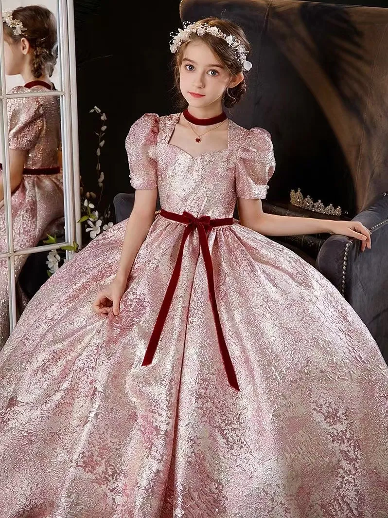 Arabiska prinsessblommor Wedding Ball 3d Floral Lace Girl Commonion Dress Prom Gown Tulle Sökade rosa tävlingsklänningar för flickor 403