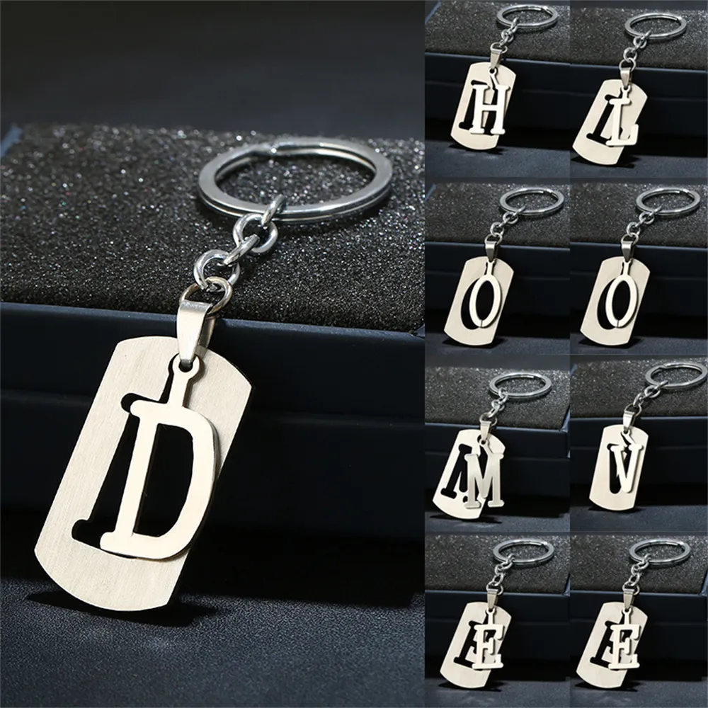 Acier inoxydable 26 lettres porte-clés portefeuille décoration Double-pont métal lettre initiale pendentif avec porte-clés pour hommes cadeau Cool