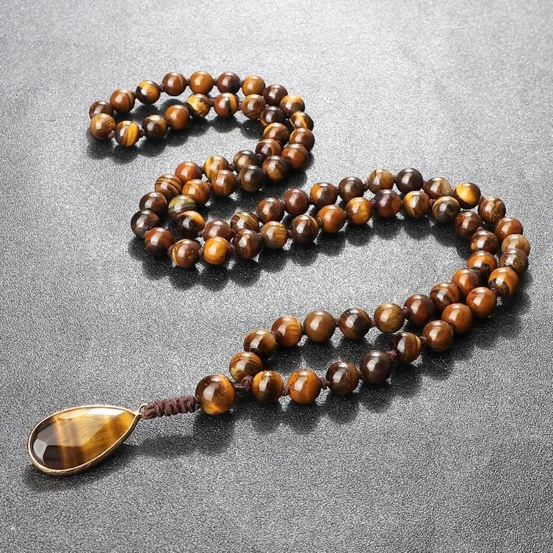 Pendant Necklaces Beads 8mm Natural Tiger Eye Stone Buddhist Prayer Healing Necklace For Women Men Jewelry Charms Drop Yoga Gift