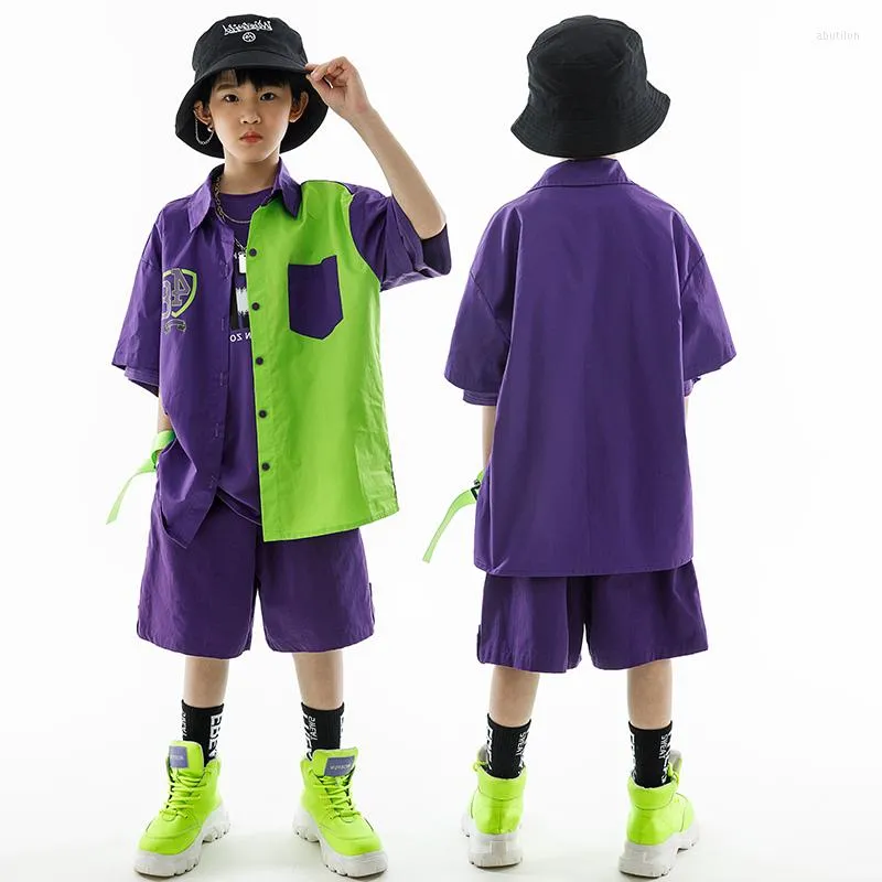 Scen Wear Fashion Purple Coat Loose Shorts Suit For Girls Jazz Modern Dance Costumes Boys Hip Hop Streetwear Rave Clothes DN15331