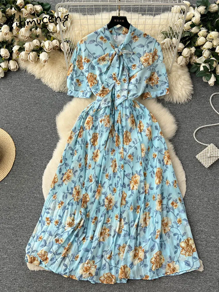 Casual Dresses Yitimuceng Floral Print Dress for Women Vintage Short Sleeve Bow Folds A Line Fairycore Long Dresses Casual Chiffon Dress 230515