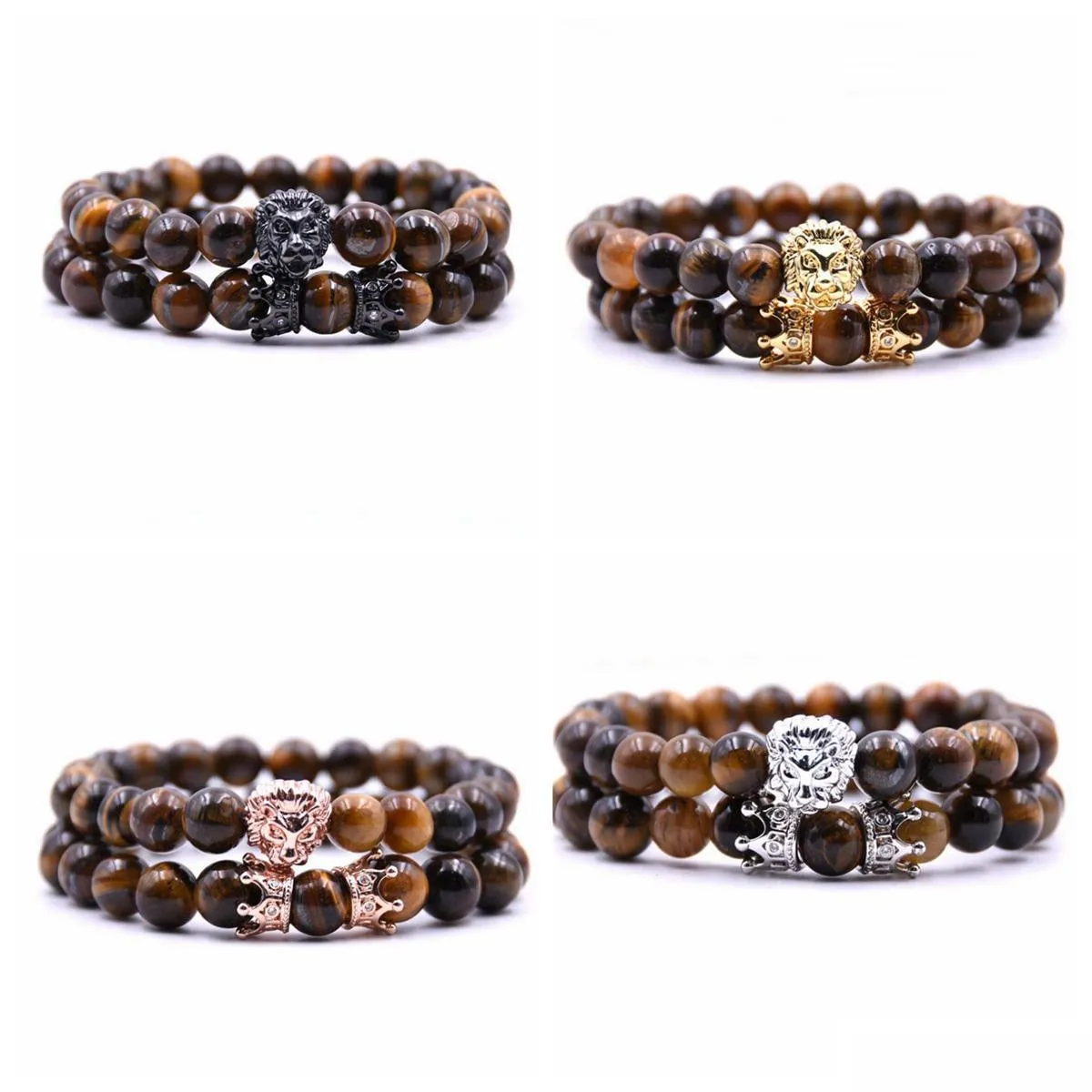 Bärade 2 st/set Animal King Lion Head Tiger Eye Armband Black Natural Stone Crown Par Braclet Set For Men Hand smycken Accesso Dhkct