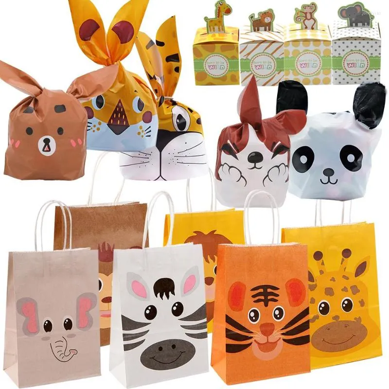 Emballage cadeau 1 paquet Carton Animal Lion tigre sacs en plastique bonbons Biscuit boîte d'emballage pour enfants anniversaire approvisionnement