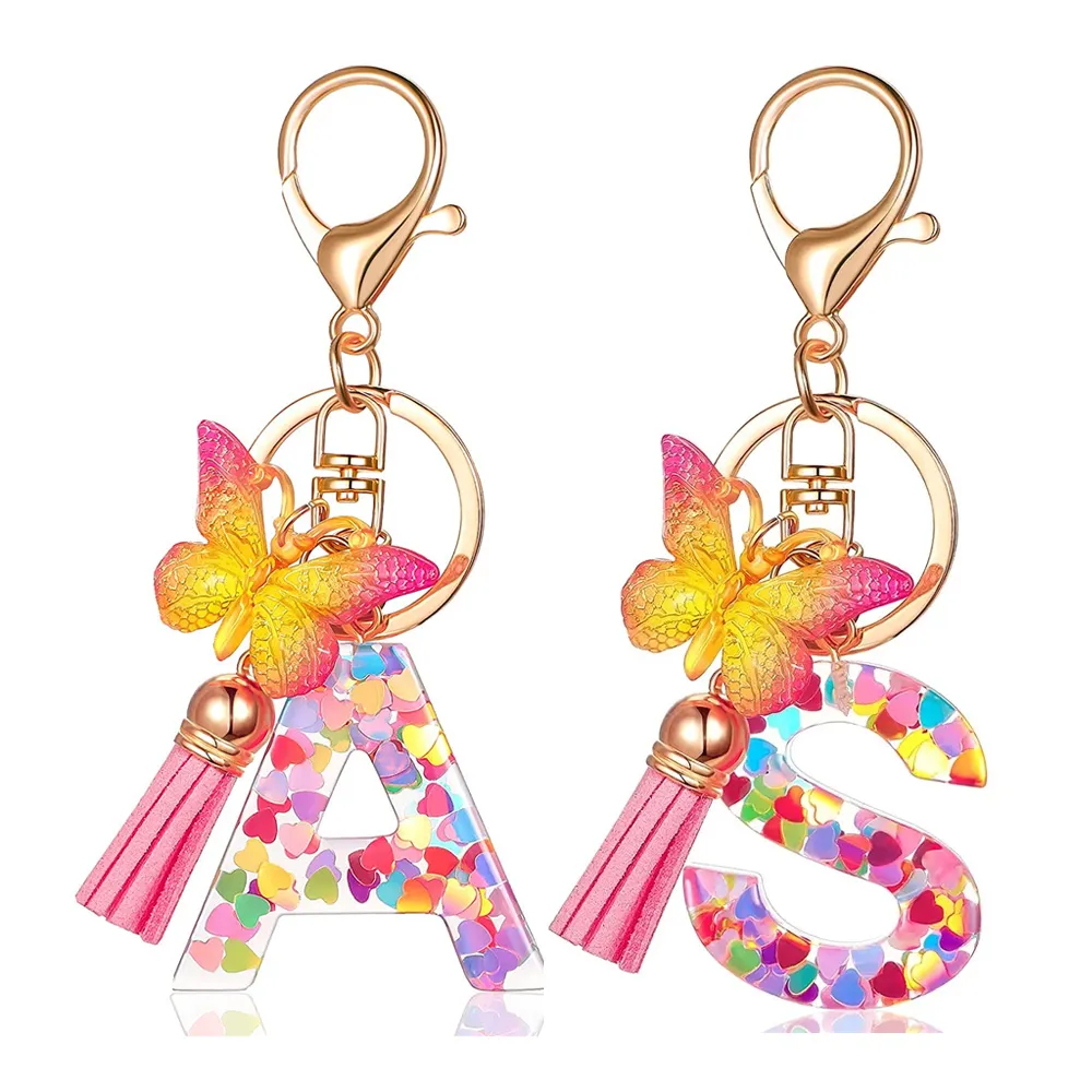 Charms 26 Letter Keychain Butterfly Resin Acrylic leather Tassels key Chain For Women Girl Friend Gift Jewelry DIY Accessories