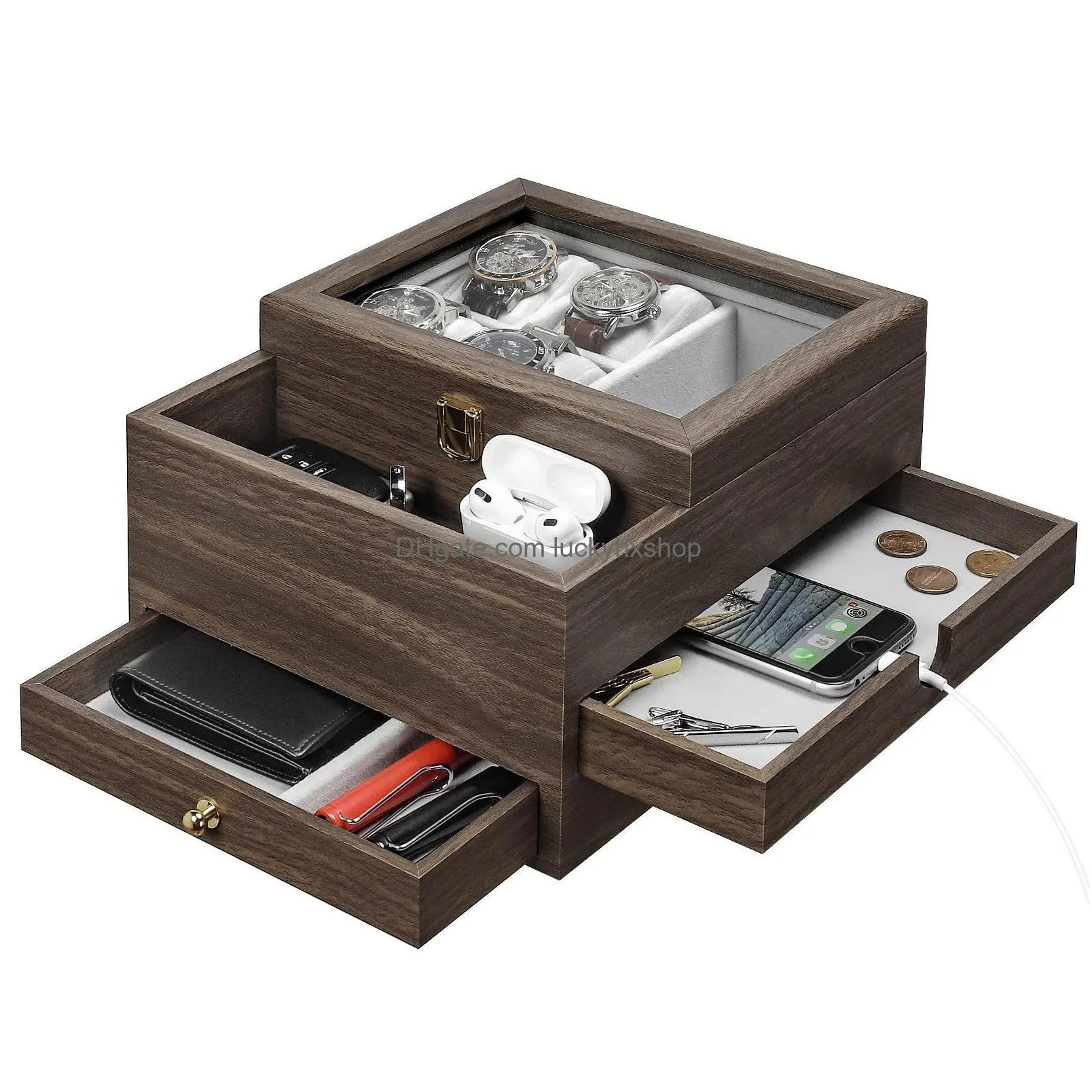 Schmuckschatullen Homde Uhrenbox für Männer Organizer mit echtem Glasgehäuse Ring Armband Halskette Ohrringe und Zubehör Ameow Drop Deli Dhtzq