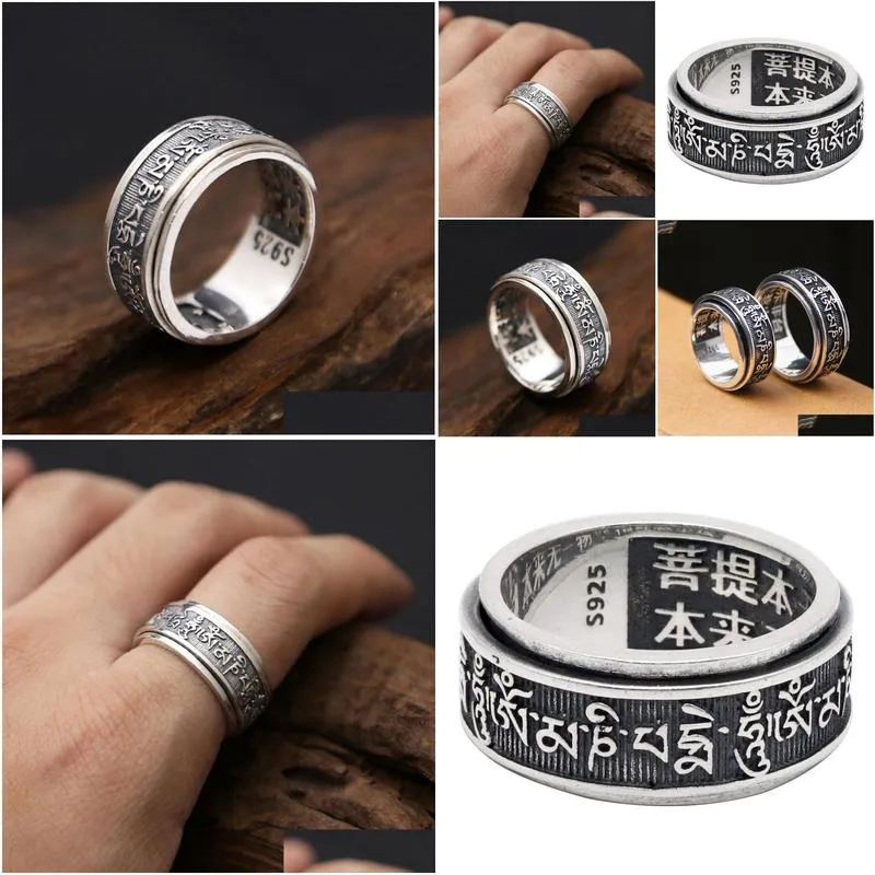 thailand silver real 925 sterling ring men tibetan buddhist heart sutra rotate ring fine jewelry vintage dragon