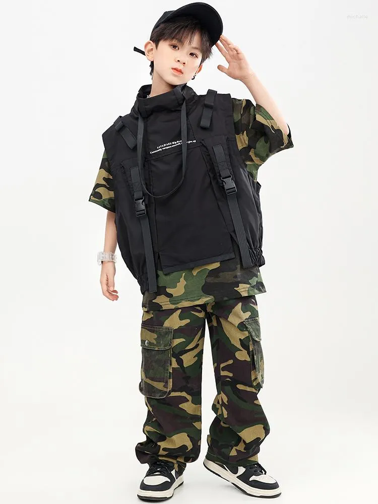 Stage Wear Boys Hip Hop Dance Costume Black Vest Camouflage T Shirt Pants Girls Jazz Performance Clothes Fashion Kids Outfit BL10599