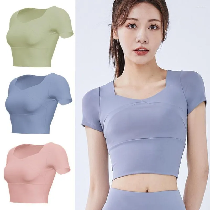 Yoga Outfit Women's Slim Fit Workout Tops Quick Dry Short Sleeve T-Shirt Built-in Chest Pad Open Navel Shirts Solid Color B2Cshop