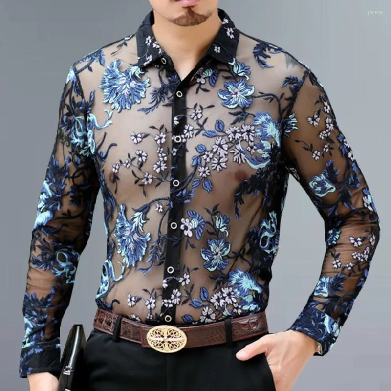 Camisas Casuales De Los Hombres Camisa Transparente De Lujo Hombres Chemise Homme Sexy See Through Mesh 4xl Bordado Lace Club Party Floral De 27 48 DHgate