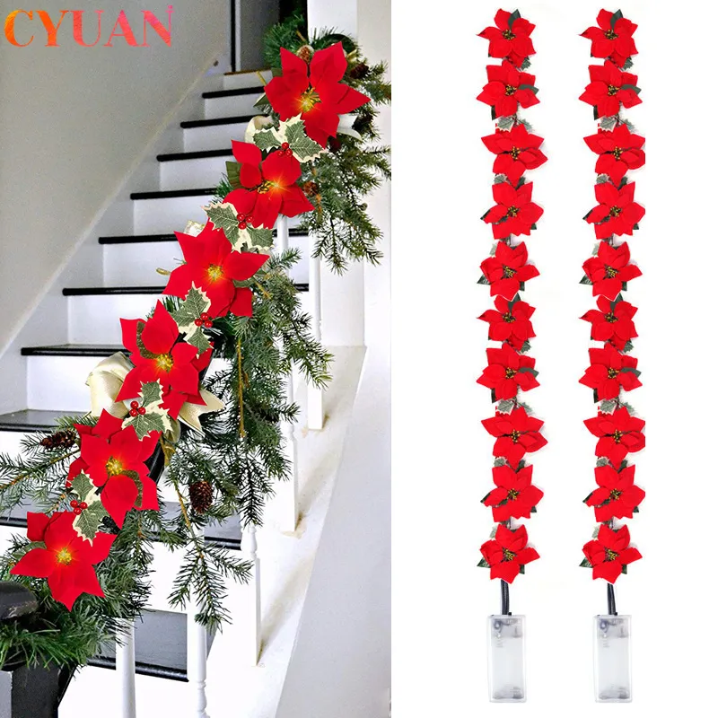 Other Event Party Supplies 2m 10LED Christmas Poinsettia Flowers Decorations Garland String Lights Xmas Tree Ornaments Christmas Indoor Outdoor Home Decor 230516