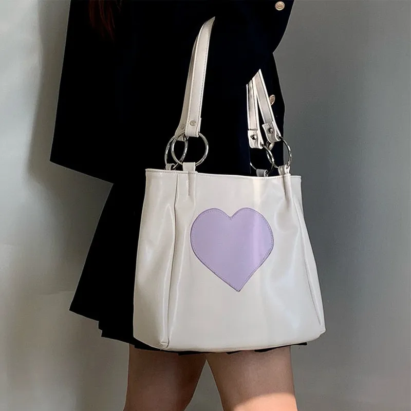 Вечерние сумки Xiuya Tas Bahu Harajuku Kawaii Tote Wanita Jepang Lucu Hati Lolita Tangan Pembeli Besar Dengan Ritsleting 230516