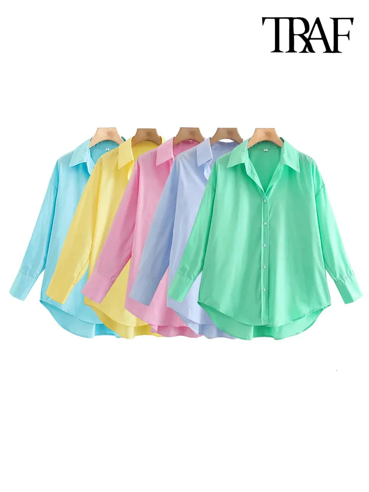 Women's Blouses Shirts TRAF Women Fashion Loose Asymmetry Poplin Blouses Vintage Long Sleeve Button-up Female Shirts Blusas Chic Tops 230516
