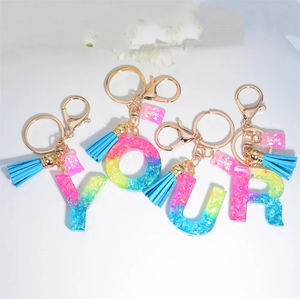 Sweet Initial Letters Keychain Resin A-Z Keyring with Blue Tassel Candy Pendant for Women Purse Handbag Jewelry Accessory Gift