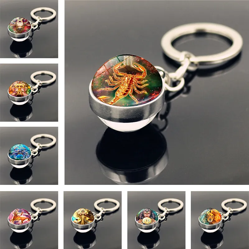 12 Constellation Keychain Pendant Double face Cabochon Glass Ball Crystal Zodiac Keychain Jewelry Gift