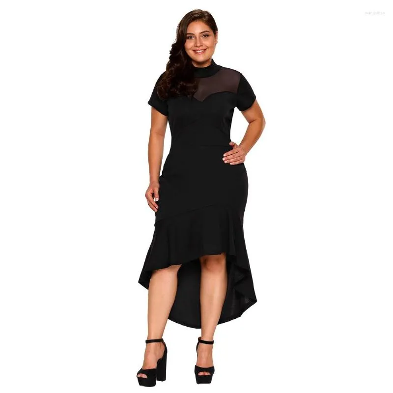 Casual Dresses 2023 Autumn Women's Oversized High Neck Short Sleeve Mesh Paneled Pleated And Low Level Dress