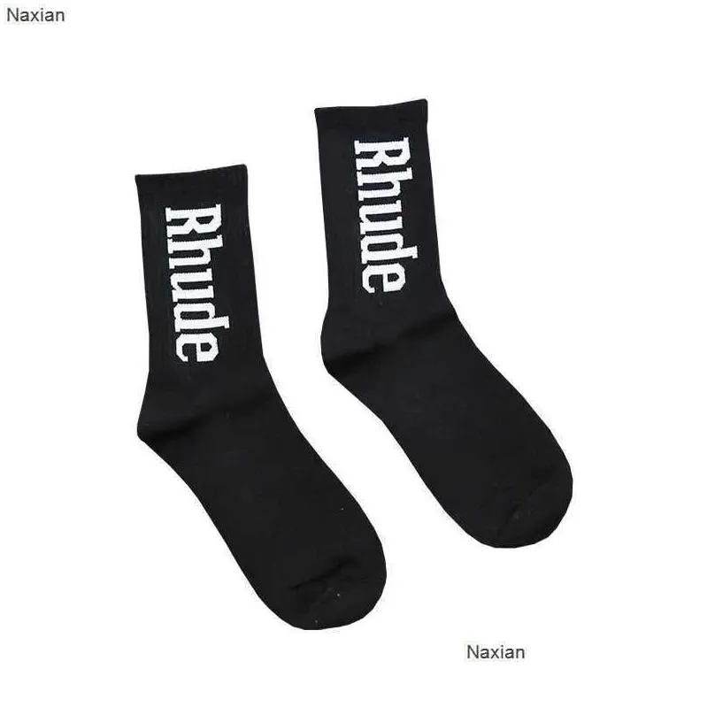 simple letter high quality cotton european american street trend men and women rhude couple intube socks for