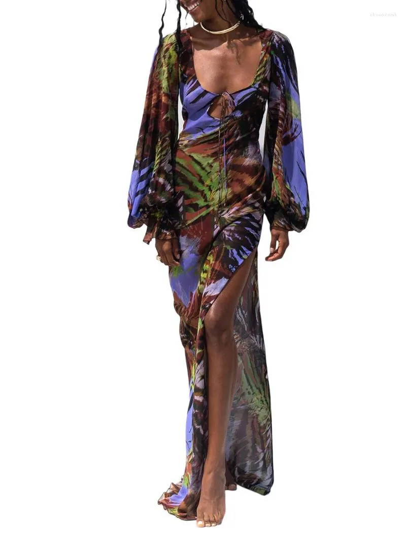 Sukienki swobodne damskie, długie sukienka Tropikalna druk Tropikalny rękaw latarnia