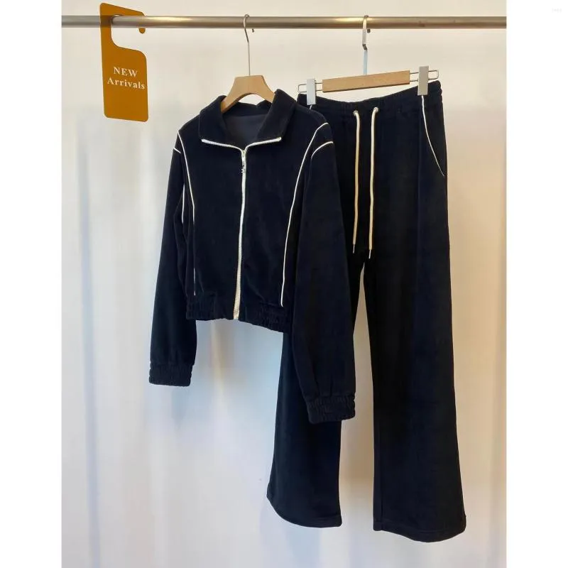 Femmes deux pièces pantalon 2023 début automne mode décontracté couleur contraste velours cordon droit pantalon costume vêtements de sport sweat