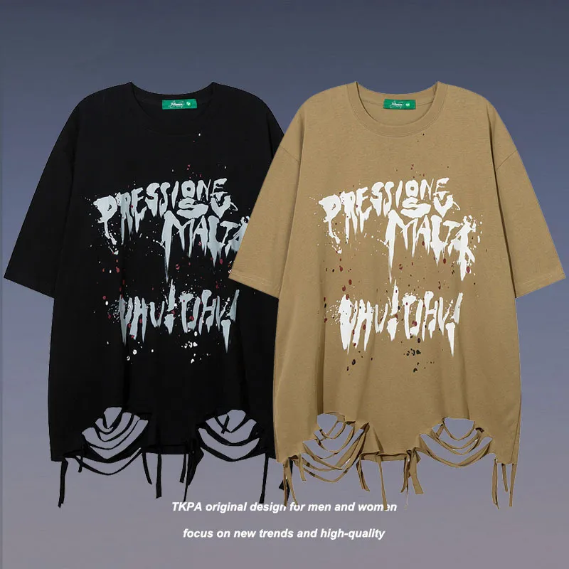 TKPA T-shirt a maniche corte scadente lavata hip-hop maschile Graffiti lettere di strada per il tempo libero facili