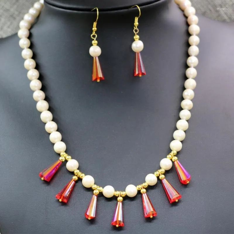 Halsbandörhängen Set Natural 8-9mm White Freshwater Cultured Pearl Beads Chain Women High Grade utsökta smycken 18 tum B2927