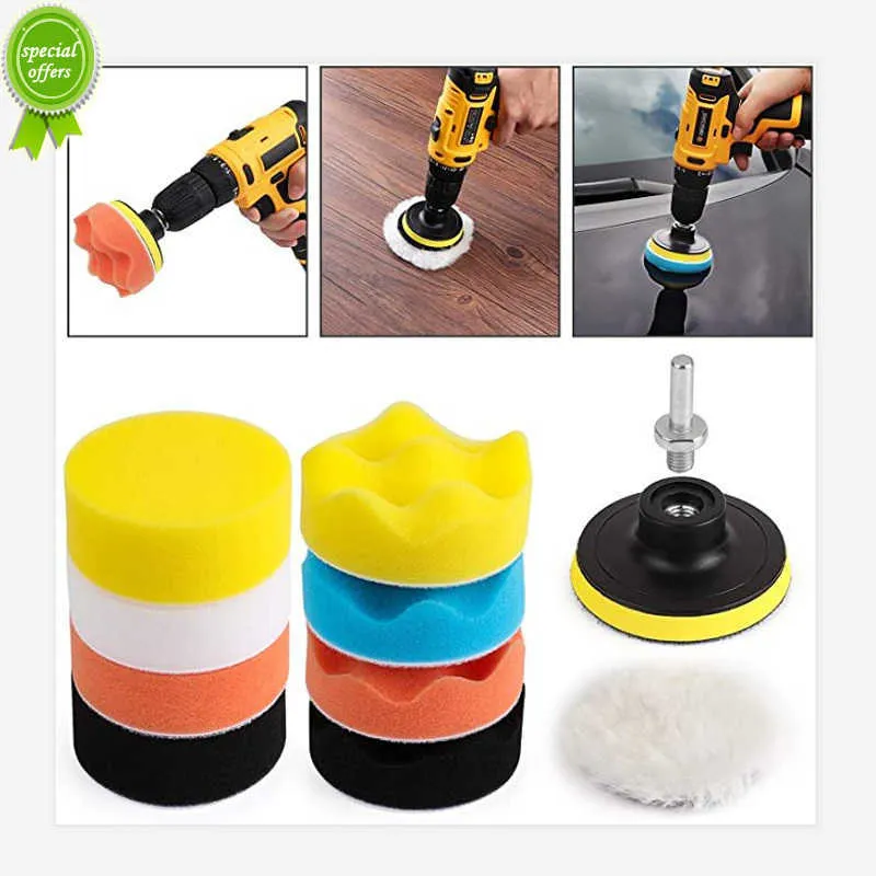 New 11Pcs Car Polishing Kit Self-Adhesive Buffing Waxing Sponge Wool Wheel Polish Pad for Car Polisher Drill Adapter Detail Cleaning