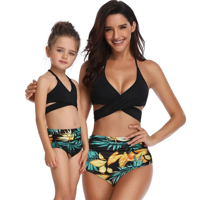 Parent-child swimwear mother and daughter swimsuit printed high waisted bikini with ruffled edges