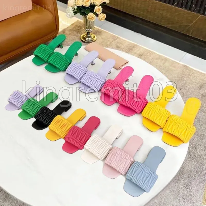 디자이너 슬리퍼 Matelasse Slides 여성 샌들 가죽 Nappa New Ruffled Square Top 샌들 여러 가지 빛깔의 오픈 토우 숙녀 플랫 샌들 비치 슬리퍼