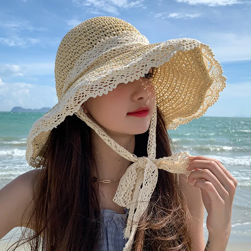 Brede rand hoeden emmer hoeden dames zomer vizieren hoed opvouwbare zon hoed breed grote rand strand hoeden mode straw hat chapeau femme strand UV Protection Cap 230516