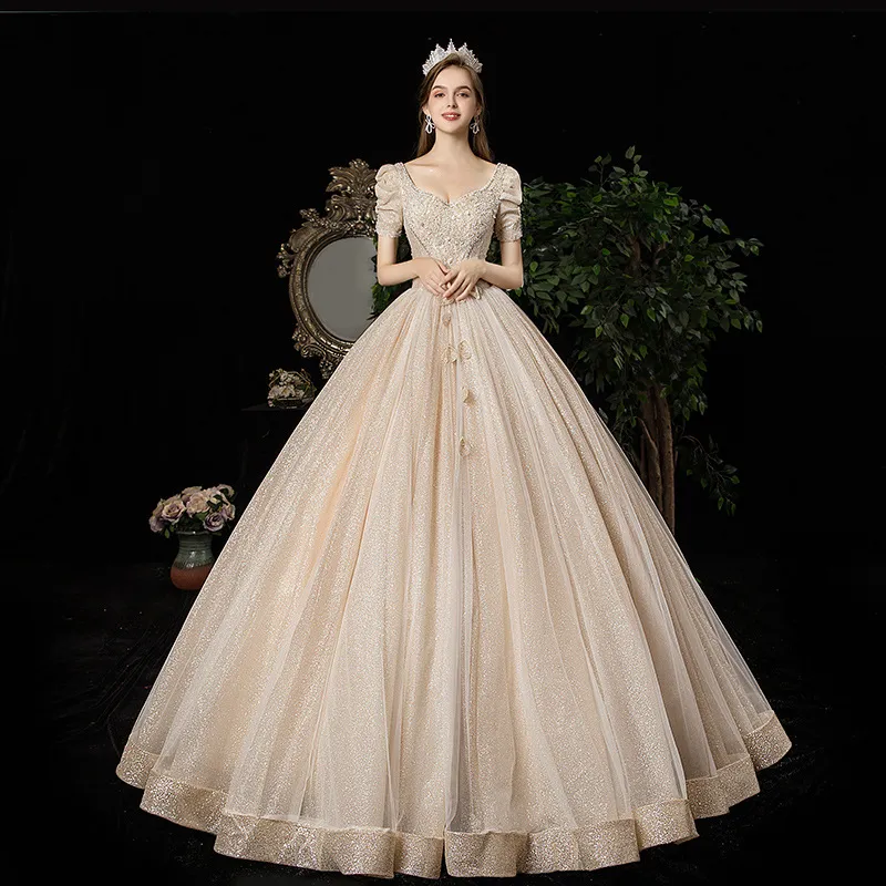 Luxury Shiny Wedding Dresses Puff Sleeve Lace Up Scoop V Neck Trailing Starry Sky Bling Appliques Beaded Princess Bride Gown New