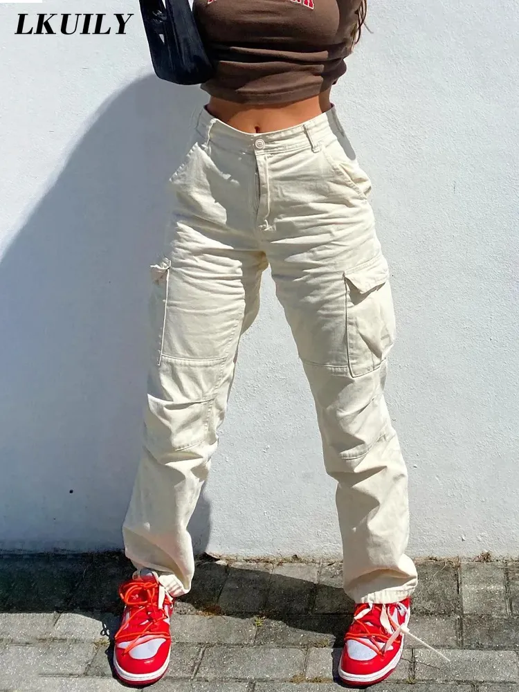 Dwuczęściowe spodnie damskie dżinsy Celana Kargo Longgar moda Wanita 90S Baju Jalan Saku ogólna namiot hijau pinggang tinggi dżins Y2K 230515