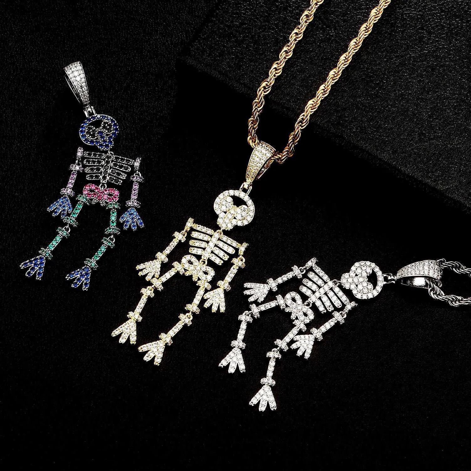 Kreatywny przesadzony szkielet wisiorek Naszyjnik kolorowy bling sześcien cyrkonia hip hop ludzki czaszka splicing modelowanie biżuterii rock collier halloween prezenty