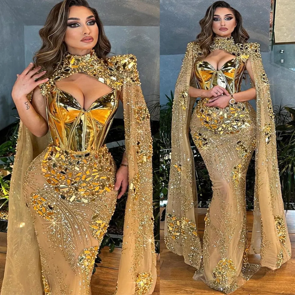 Mai aso ebi Gold Sirène Crystals Crystals perles Perête formelle luxueuse Fête formelle Deuxième réception Robes de fiançailles d'anniversaire robe de soirée ZJ271 407