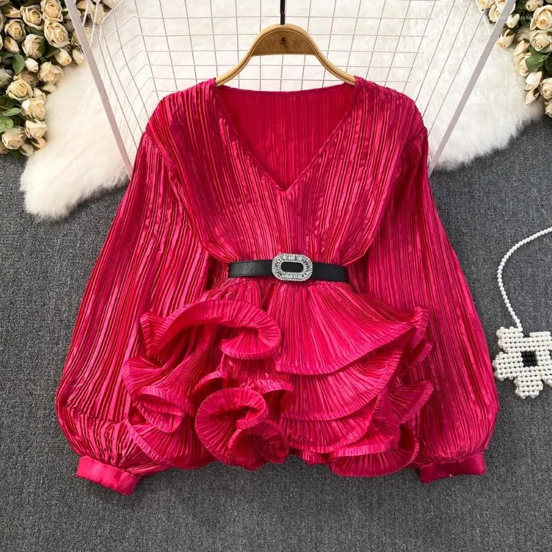 Blusas de mujer 2023 linterna de verano de manga larga con cuello en V blusa suelta que cubre la barriga moda hoja de loto columpio pul ver camisa Top